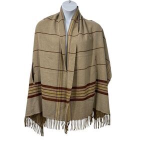 Madewell Plaid Fringe Ruana Poncho Shawl Scarf Wrap Tan Rust Yellow Soft Cozy
